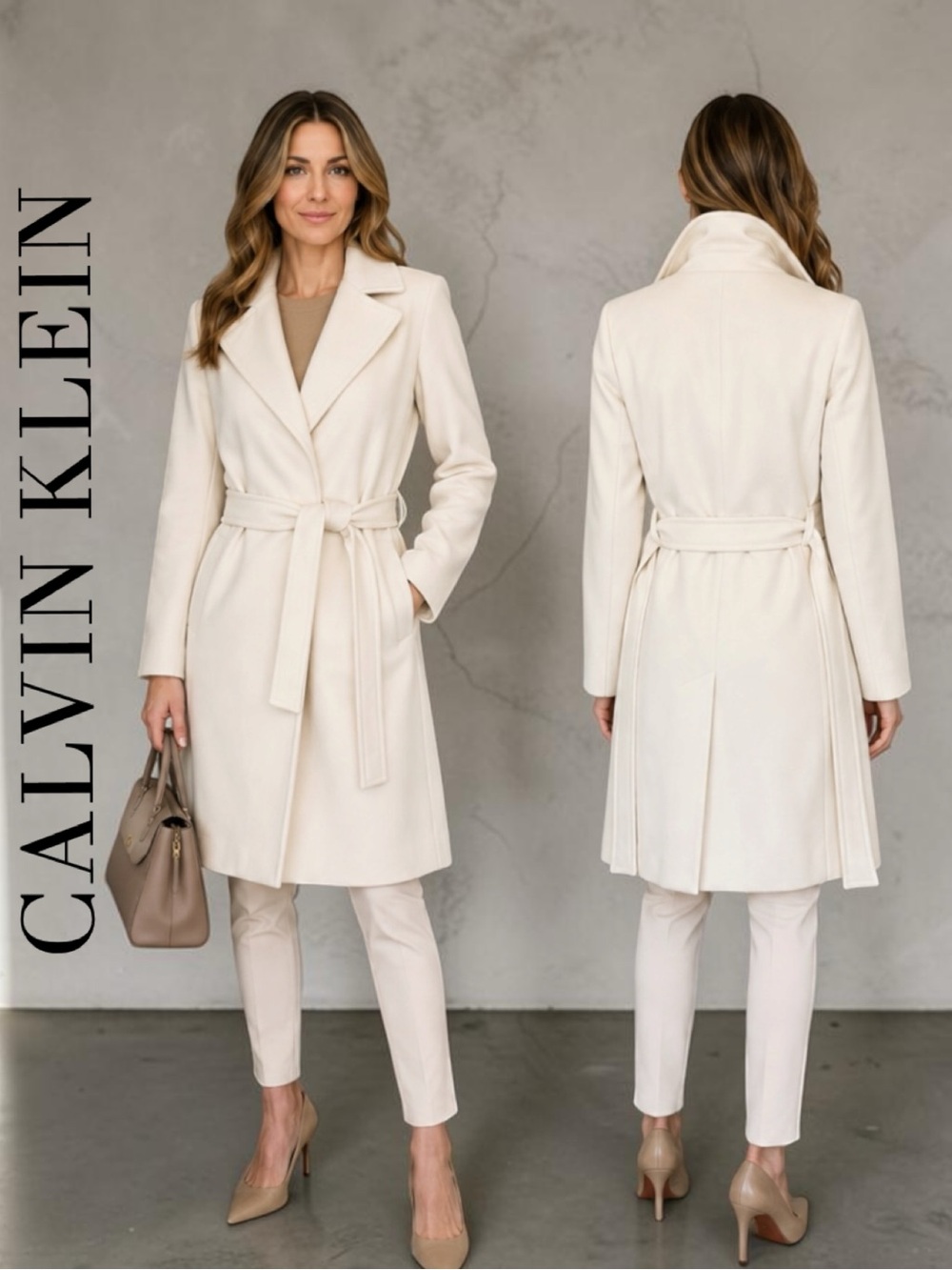 Calvin Klein Cream Wool Belted Coat Size 4P 90s Carolyn Bessette Style